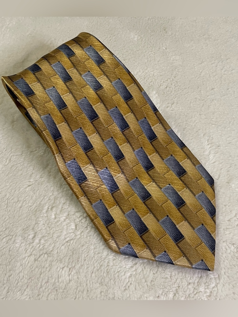 Italian 100% Silk Gold and Blue Geometric Print Tie